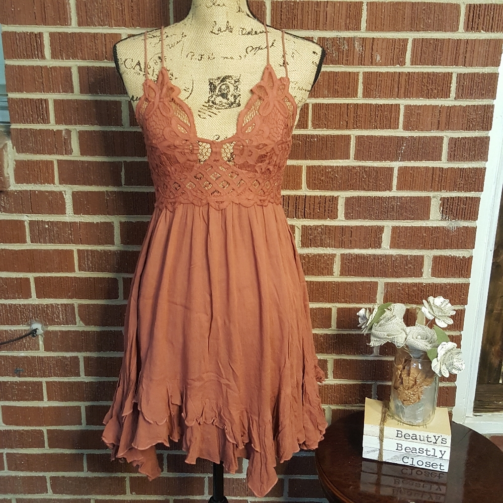 Free People Rust Crochet-Trim Mini Dress